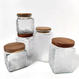 Begonia Pattern Carved Glass Storage Container with Airtight Acacia Lid for Cookies, Rice, Beans, Pasta