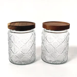 Begonia Pattern Carved Glass Storage Jar with Acacia Lid for Kitchen Counter