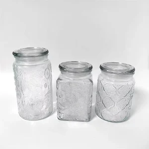 Begonia Pattern Carved Glass Storage Jar with Glass Lid for Pantry