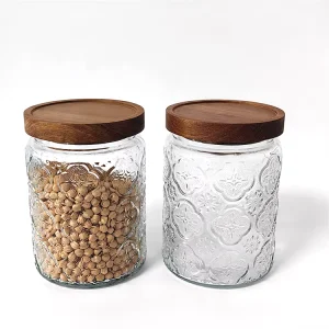 Begonia Pattern Embossed Glass Storage Jar with Airtight Acacia Lid for Tea and Dried Fruit