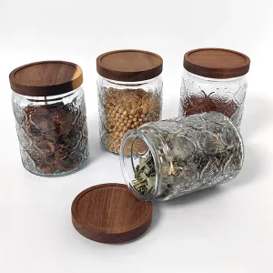 Begonia Pattern Round Embossed Glass Storage Jar with Airtight Acacia Lid