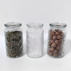 Begonia Pattern Wide-Mouth Glass Jam Jar with Glass Lid for Kitchen Storage