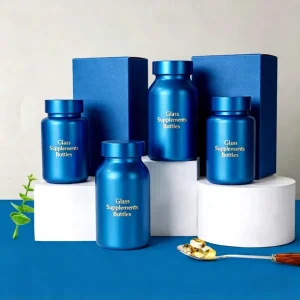 Blue Coated 100ml 150ml Glass Capsule Bottles, Food Grade Pharmaceutical Pill Supplement Tablets Packaging Jar with Box