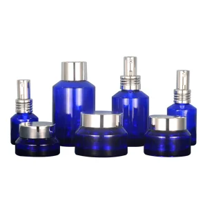 Blue Glass Lotion and Cream Bottles and Cosmetic Jars 15 ml 30 ml 60 ml 100 ml 120 ml 15 g 30 g 50 g Set