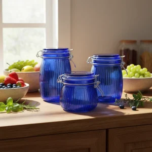 Blue Glass Storage Jar With Airtight Clip Lid for Home Canning Jam Pickles and Spice