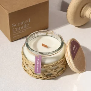 Bohemian Style 200g Rattan-Wrapped Scented Glass Candle with Wooden Lid