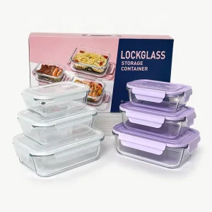 Borosilicate Glass Bento Box Container 3pcs Set Square Portable Dishwasher Safe Glass Food Storage Containers with Airtight Lids