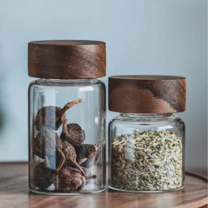 Borosilicate Glass Canister with Wooden Screw Lid 120ml 200ml 250ml for Food Storage