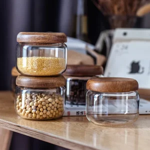 Borosilicate Glass Storage Jar with Acacia Wood Lid for Dried Fruit, Grains, Tea, Spices, or Honey