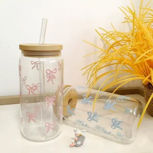 Borosilicate Glass Tumbler with Bamboo Lid Bow Pattern Leak-Proof BPA-Free Dishwasher-Safe Reusable Straw for Iced Coffee