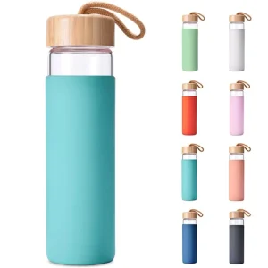 Borosilicate Glass Water Bottle with Bamboo Lid and Handgrip Factory Price Drinkware