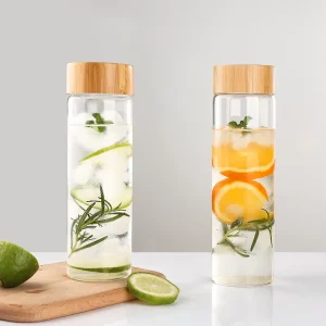 Borosilicate Round Glass Water Bottle with Wooden Lid 2oz~25oz