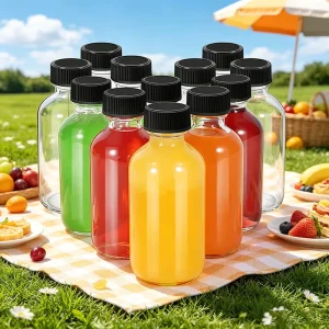 Boston Clear Round Glass Bottle, 60ml, with Plastic Screw Cap for Juice, Milk, Beverage, Cold Brew Coffee, and Shots