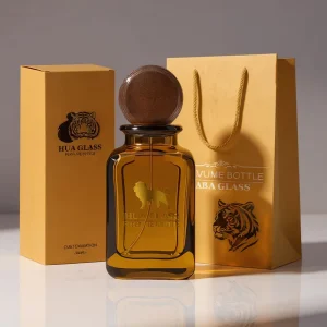 Bulk Amber Square Fancy Glass Perfume Bottle Clear Empty Crimp 30 ml 50 ml Glass Bottle with Wooden Cap and Box Packaging