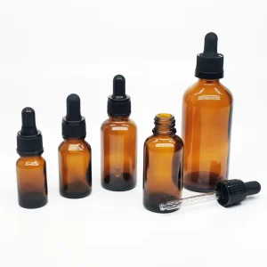 CE Approved 5ml to 100ml Amber Glass Dropper Bottle with Round Shoulder and Black Cap