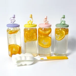Can-Shaped Glass Iced Coffee and Juice Bottle with Straw and Stopper for Hot or Cold Drinks