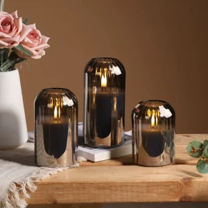 Candle Jar with LED Grey Glass Battery Operated 3D Real Flame Remote Control