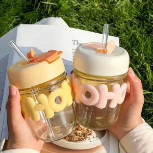 Cartoon Double-Spout Transparent Insulated Glass Water Cup with Straw Pearl Bracelet and Letter Design