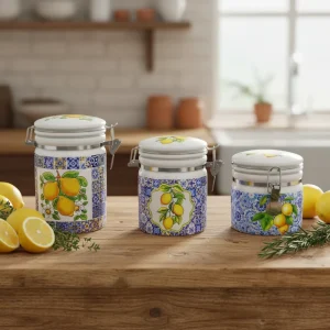 Ceramic Kitchen Storage Jars with Airtight Flip Top Lids Durable & Eco Friendly 3 Different Sizes Top Printing
