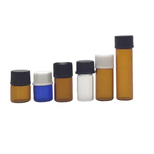 China Supplier Mini Amber Clear Blue Glass Cosmetic Vials 1 Dram 1ml 2ml 3ml 5ml with Orifice Reducer