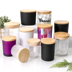 Chinese Factory Frosted Clear Iridescent Black Glass Candle Jars with Lids