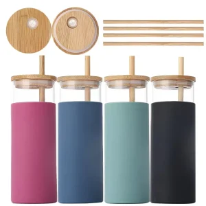 Clear 500ml Borosilicate Glass Water Bottle with Bamboo Lid Straw and Silicone Sleeve for Outdoor Sports Travel
