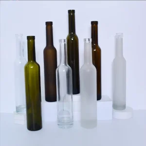 Clear, Amber, or Green Bordeaux or Burgundy Glass Bottle, 375ml, 500ml, or 750ml, Long-Neck Frosted Ice Wine and Vodka Bottle