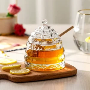 Clear Conical Glass Honey Dispenser Jar with Wooden Dipper for Spice, Jam, Marmalade, Syrup, and Sugar