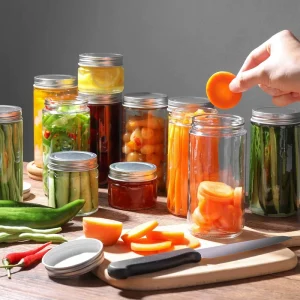 Clear Cylinder Wide Mouth Glass Canning Jar 16oz 500ml with Airtight Metal Lid for Spices Honey and Pickles