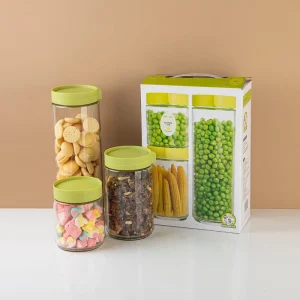 Clear Decorated Glass Storage Jar with Green Lid for Pickled Food Storage