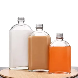 Clear Empty Flat Glass Bottle with Lid for Wine Juice Coffee Tea