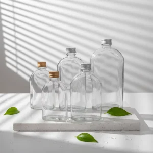 Clear Flat Glass Flask Bottle 100 ml 200 ml 250 ml 350 ml 500 ml with Metal Lid for Cold Brew Coffee Juice Liquor Gin Whiskey