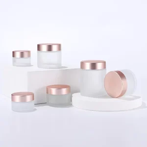 Clear Frosted Glass Cosmetic Jar with Rose Gold Aluminum Lid for Skincare Eye Body Face Cream and Lotion