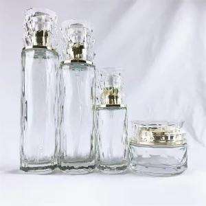 Clear Glass Lotion Bottle and Face Cream Jar Set with Gold Lids, 50 g, for Body Care Cosmetics
