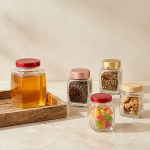 Clear Glass Sealed Jar with Metal Cap and Plastic Lid for Cookies and Dried Fruit