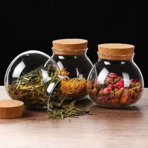 Clear Glass Storage Jar Bottle with Cork Lid and Logo