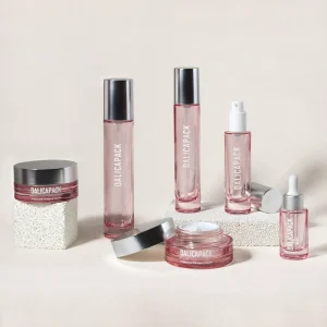 Clear Pink Glass Cosmetic Packaging Set Empty Jars and Bottles for Face Cream and Skin Care