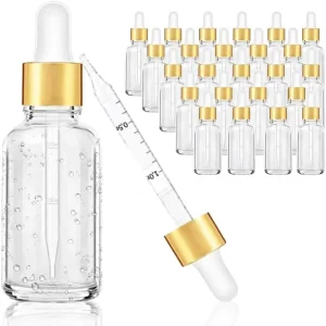 Clear Round Glass Dropper Bottles 2oz with Gold Caps Leak Proof for Perfume and Essential Oils