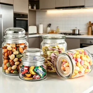 Clear Round Glass Food Storage Jar 350ml 500ml 800ml With Metal Cap For Dried Fruit Grains Nuts and Olive Oil