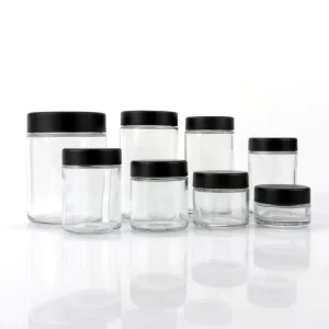 Clear Round Glass Jar 500ml 16oz with Black Plastic Screw Lid for Protein Powder Honey Sugar Milk Storage