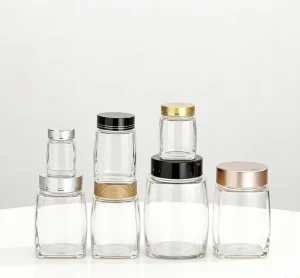 Clear Square Glass Container with Plastic Aluminum Cap Big Mouth for Pickles Honey Jam