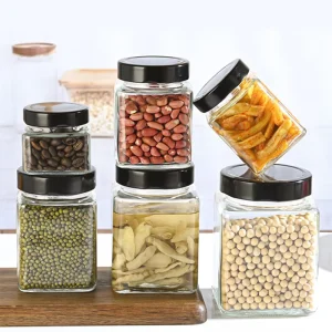 Clear Square Glass Jars with Metal Lids 100 200 280 380 500 730ml Food Grade Storage Canisters for Nuts Beans Spices Honey
