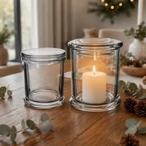 Clear Storage Glass Jar with Flat Pressure Lid and Candle Holder