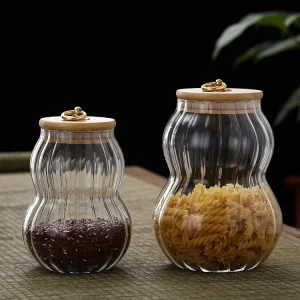 Clear Vertical Stripe Gourd-Shaped High-Borosilicate Glass Storage Jar with Lid