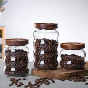Clear White Glass Storage Jars 350ml 500ml 700ml with Wooden Lids