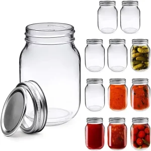 Clear Wide Mouth Glass Mason Jar Mugs with Metal Screw Lid for Canning Jam Honey and Food Storage