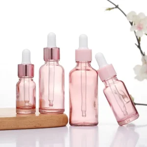 Clear and Pink Frosted Glass Dropper Bottle with Gold Cap for Cosmetics