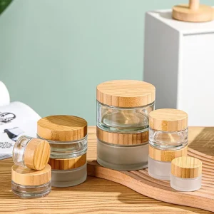 Clear or Frosted Glass Cosmetic Bottles and Jars with Bamboo Screw Caps 5 ml 250 ml for Skincare Cream