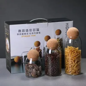 Cork Ball Style Glass Jar Canister 3-Piece Set 500ml 800ml 1200ml
