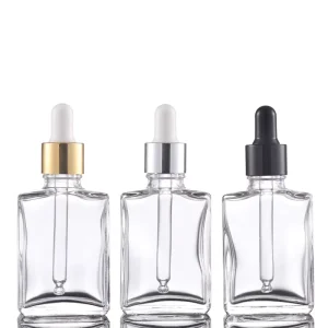 Cosmetic Package Square Clear Glass Pipette Flat Serum Bottles 20ml 40ml 110ml Essential Oil Rectangle Glass Dropper Bottle